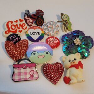 Lot of 13 Assorted Pins – Hearts, Love, Cute, Vintage & Novelty Brooches